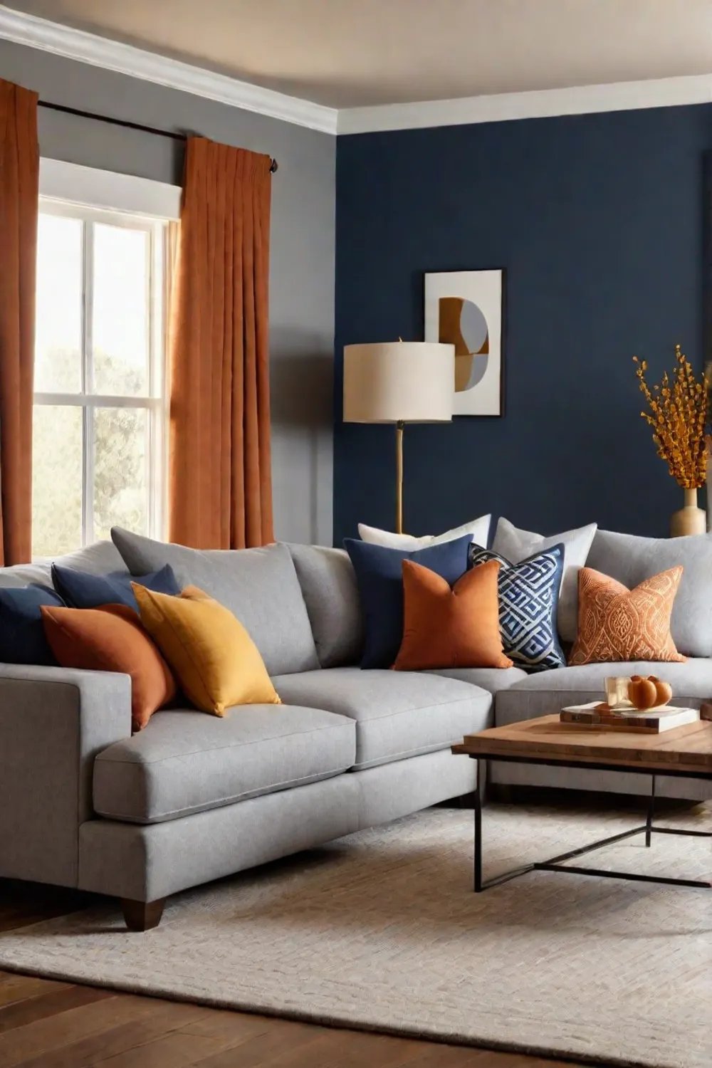 Harmonious living space with a mix of warm and cool tones in furniture and decor