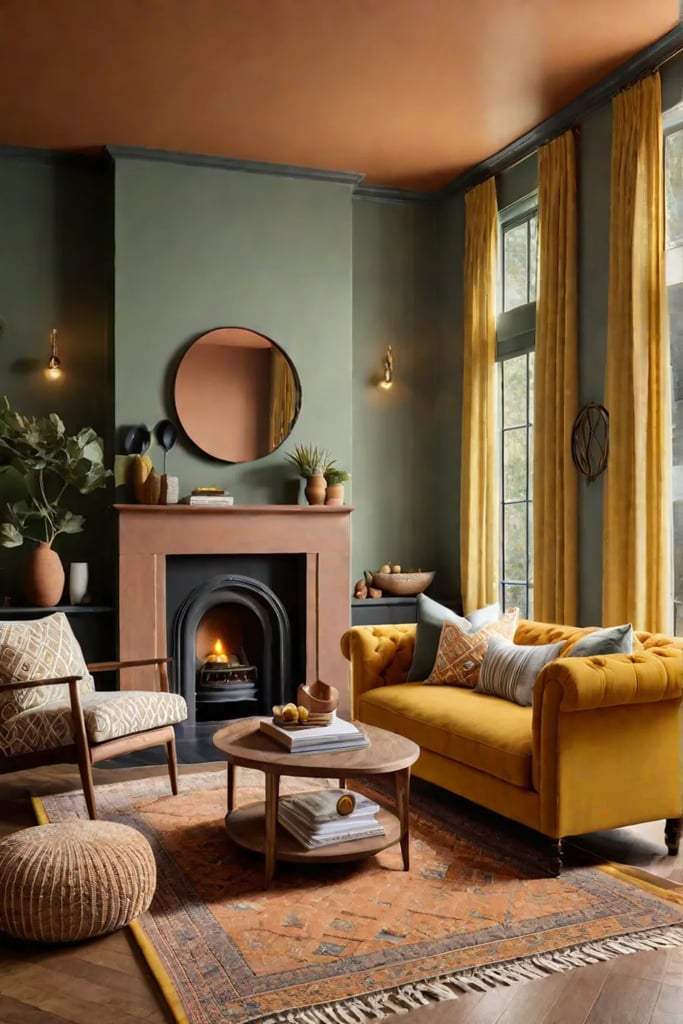 Harmonious living space with sage green mustard and terracotta