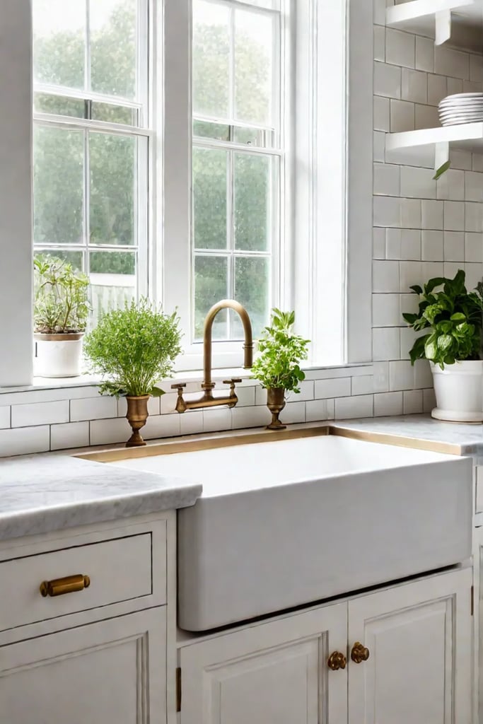 Herb garden on a windowsill above a kitchen sink