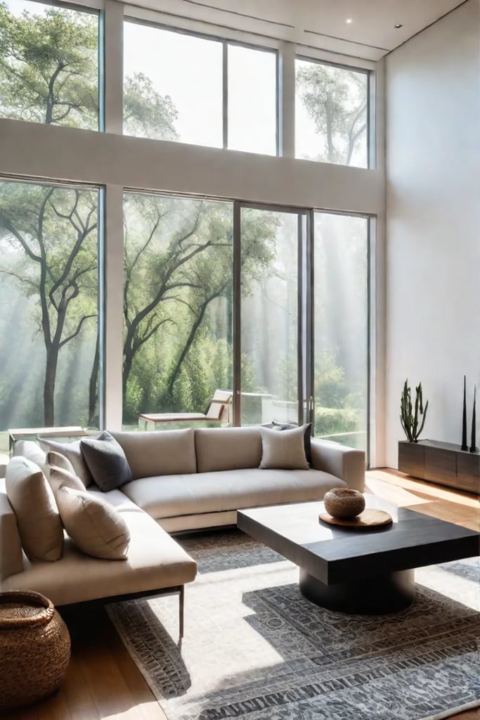 Indooroutdoor living space with neutral colors and geometric patterns