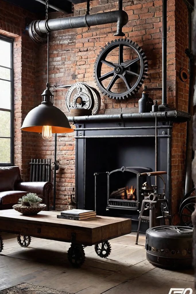 Industrial living room with exposed brick fireplace