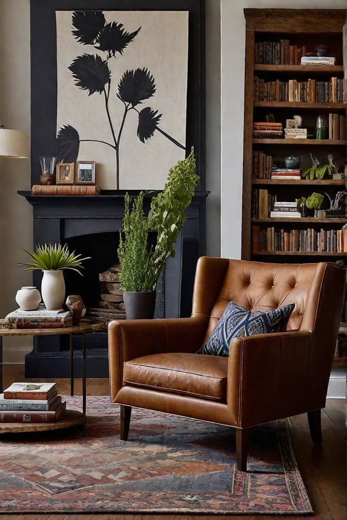 Inviting living space with a mix of botanical and abstract art