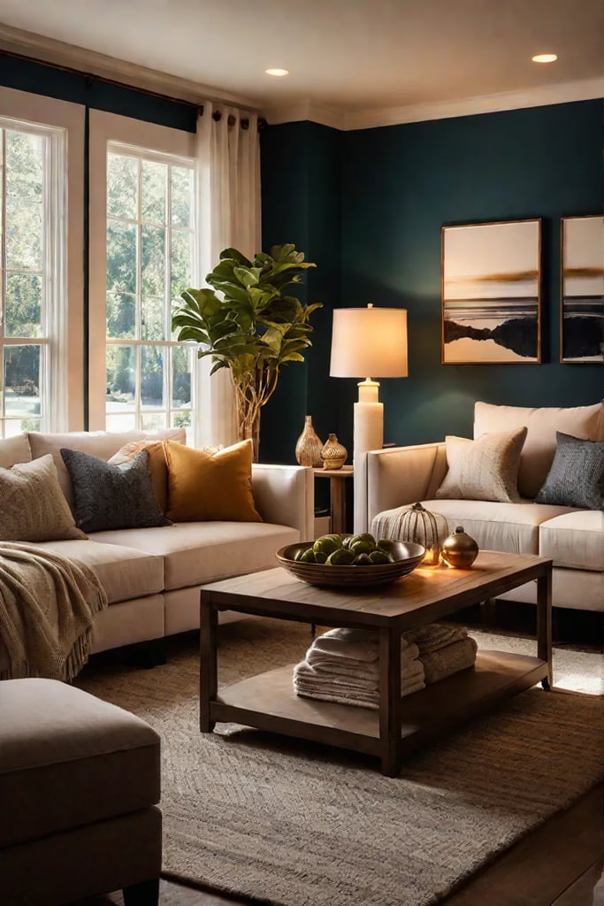 Inviting space with multiple light sources creating ambiance