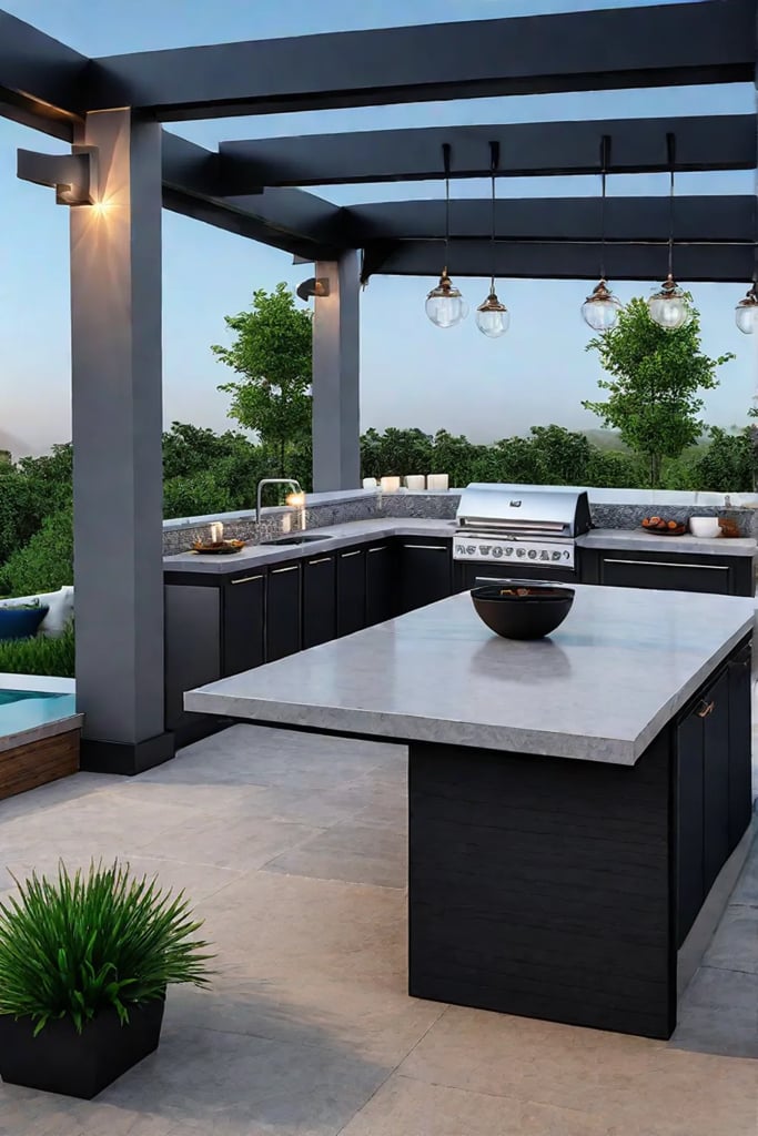 Landscaped backyard with integrated outdoor kitchen