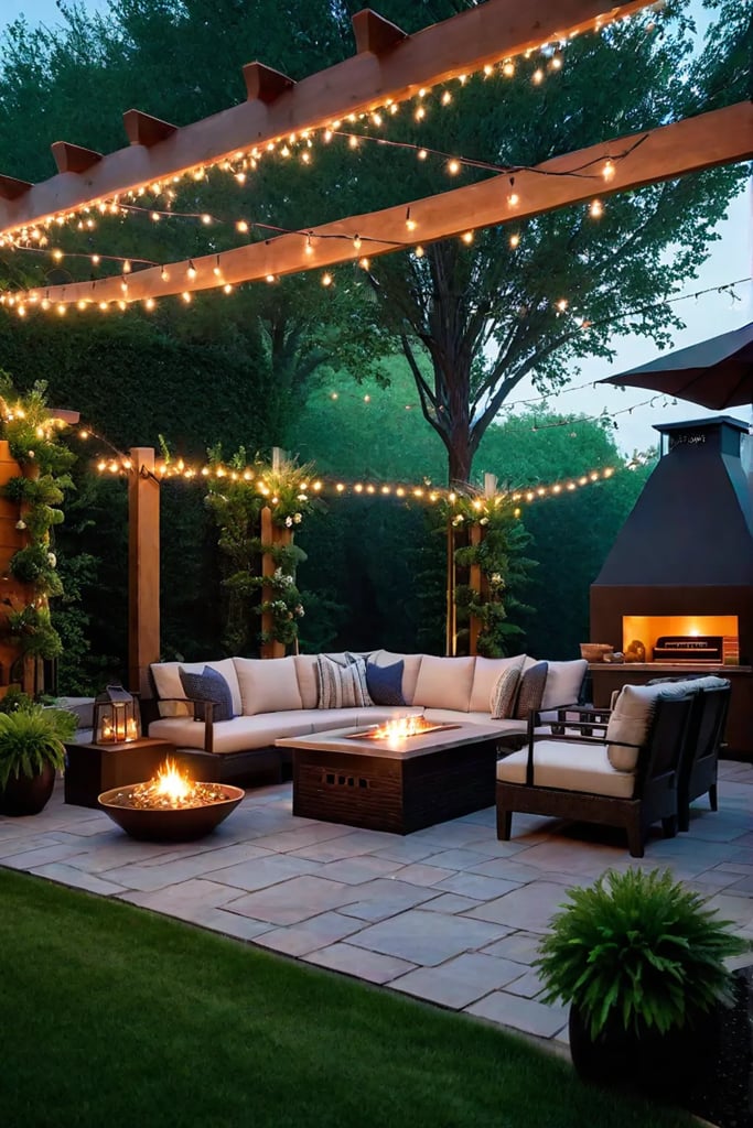 Landscaped backyard with outdoor kitchen and seating area
