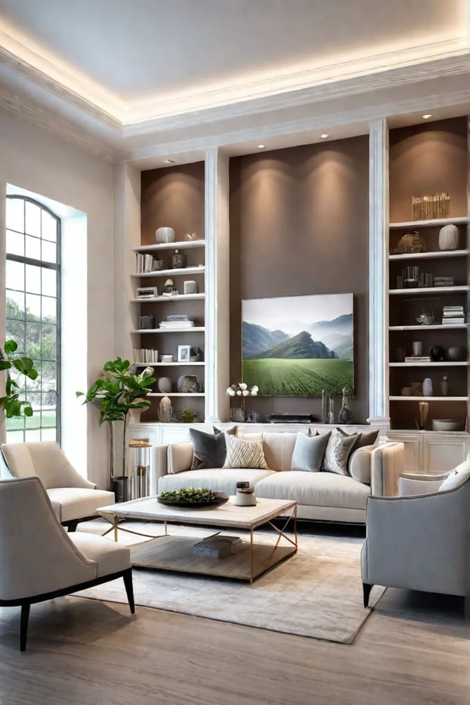 Layered accent wall with shiplap paint and shelving