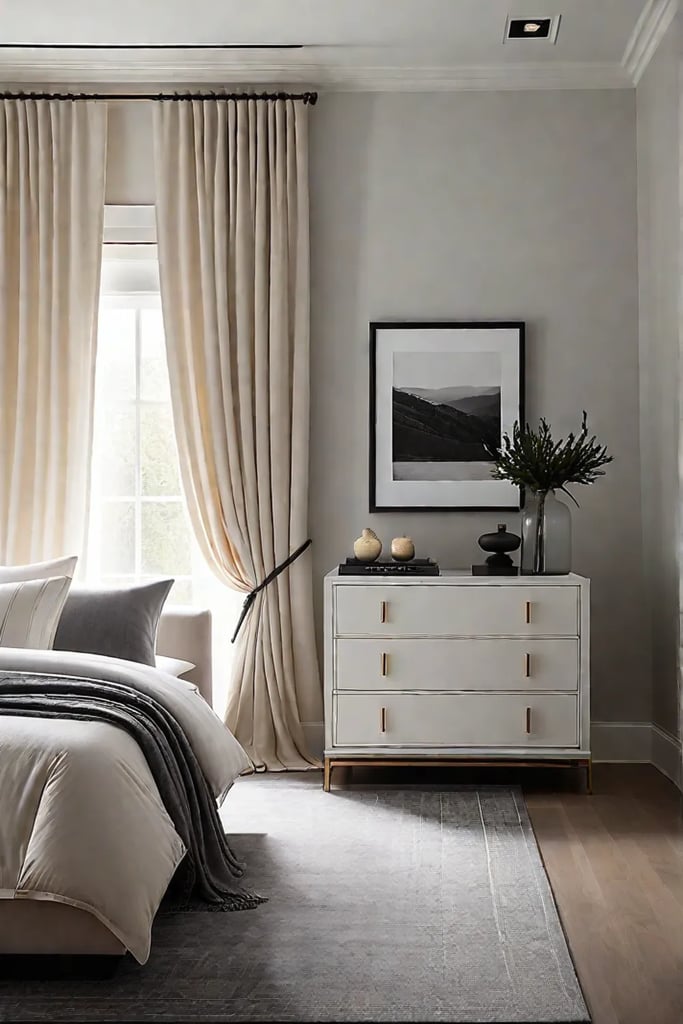 Layered curtains and textured bedding in a minimalist bedroom