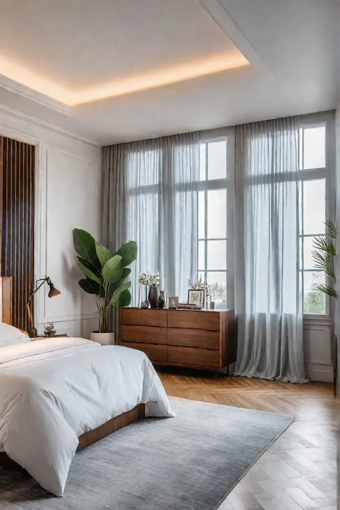 Light and airy small bedroom with multifunctional furniture