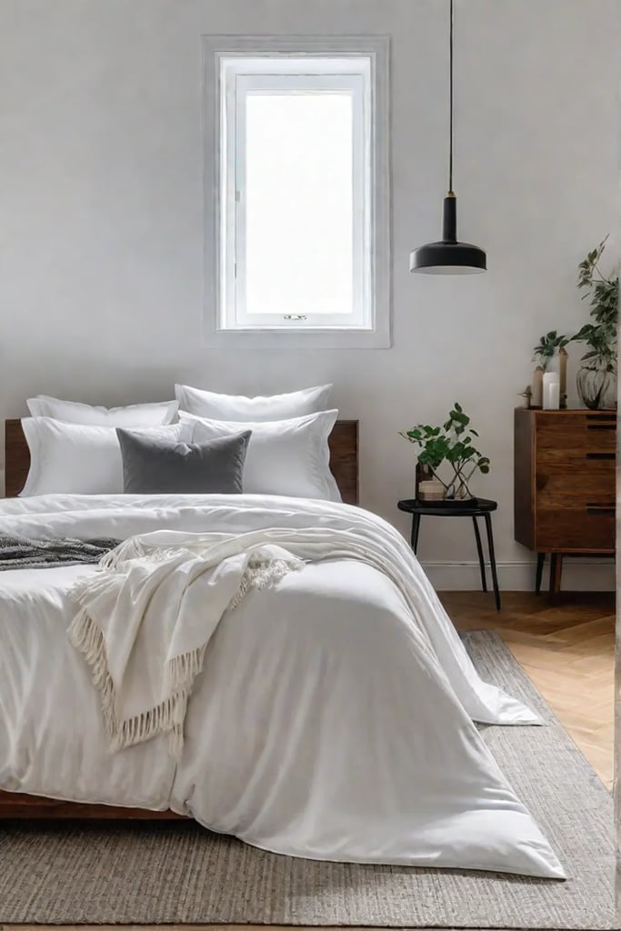 Light colors and reflective surfaces used to enhance space in a small bedroom