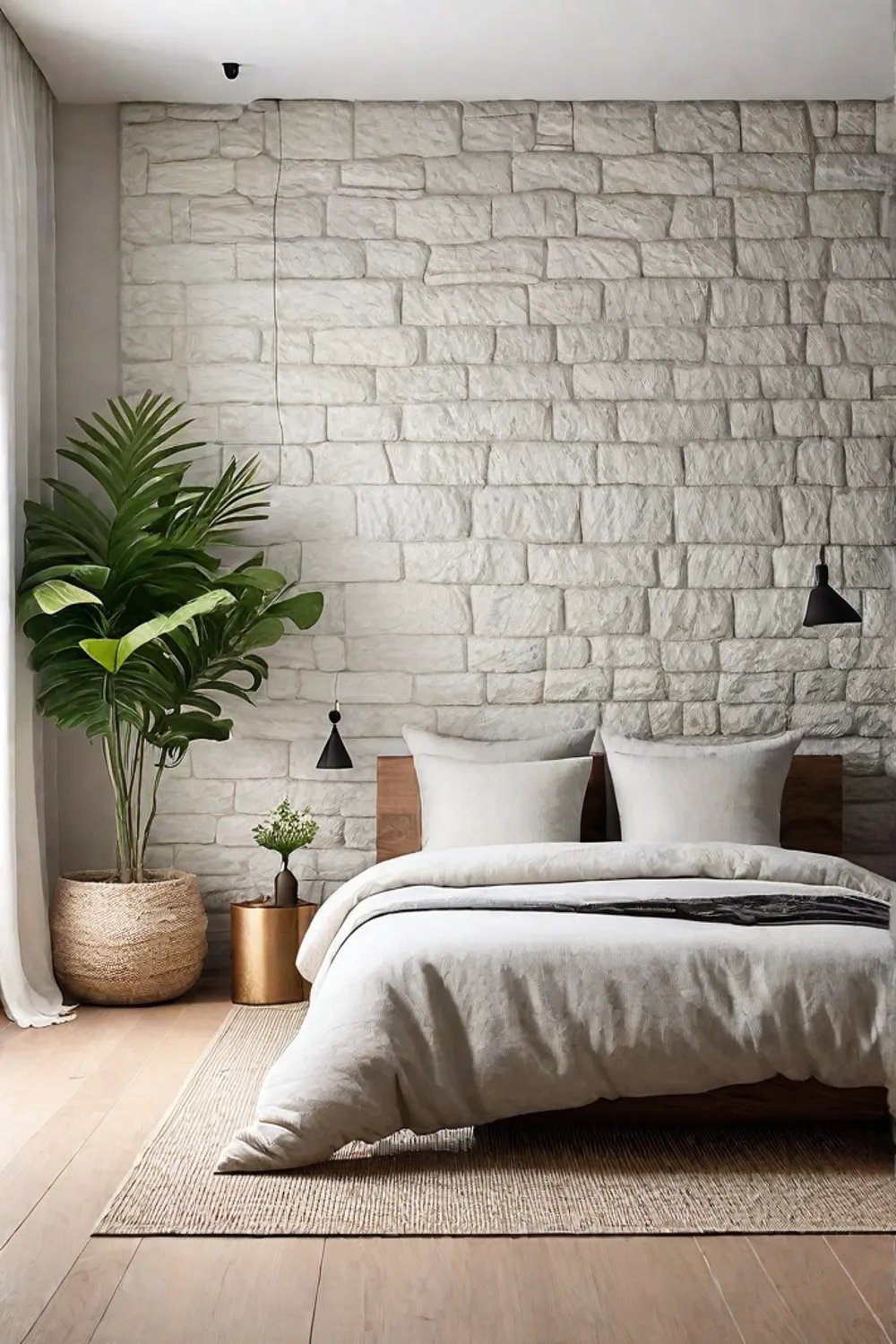 Linen bedding and woven textures create a tranquil space