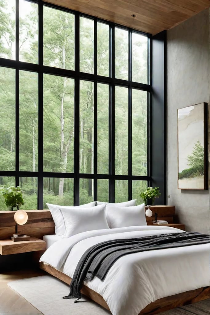 Liveedge wood and stone accents in a minimalist bedroom