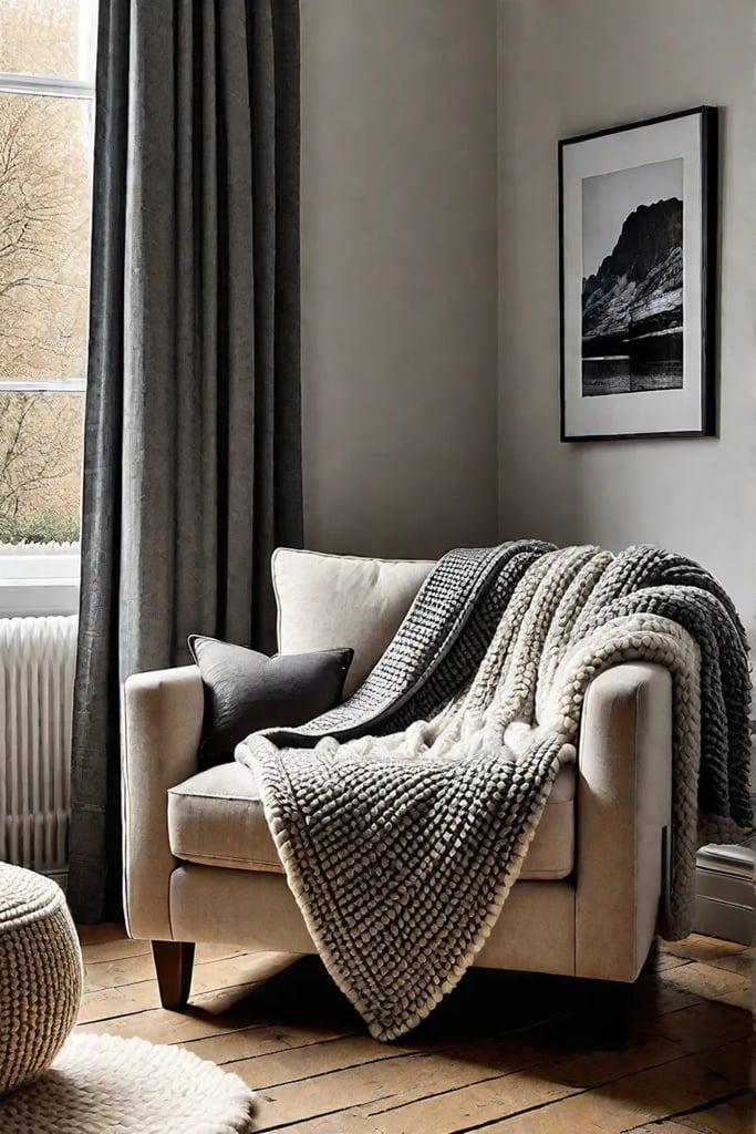 Living room showcasing layered textures with knit blankets sheepskin and curtains