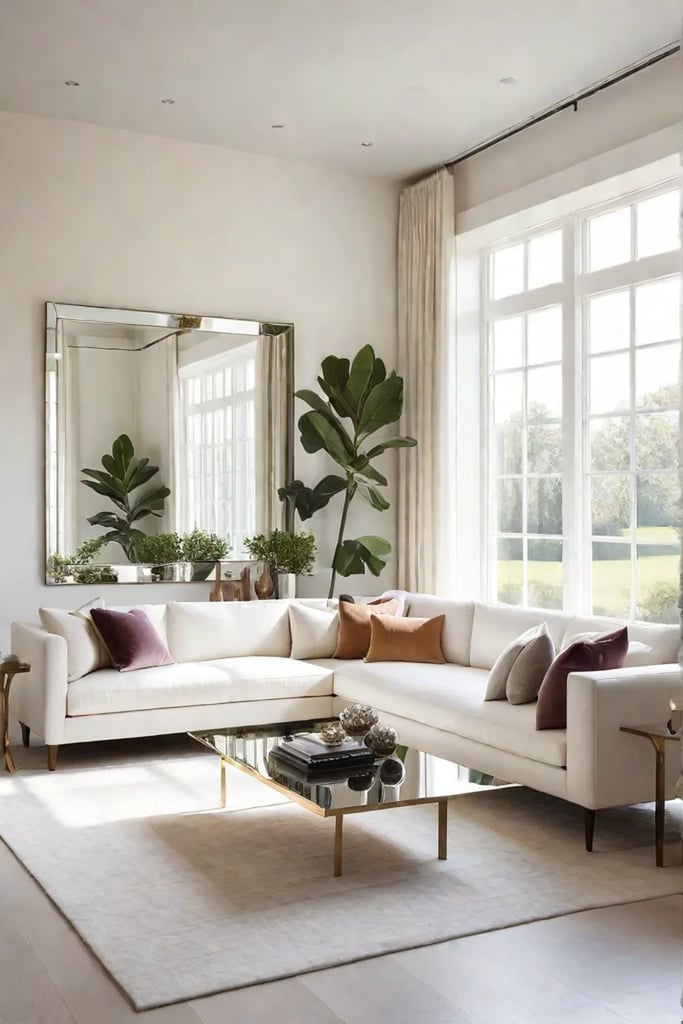 Living room with ample natural light and reflective surfaces creating openness