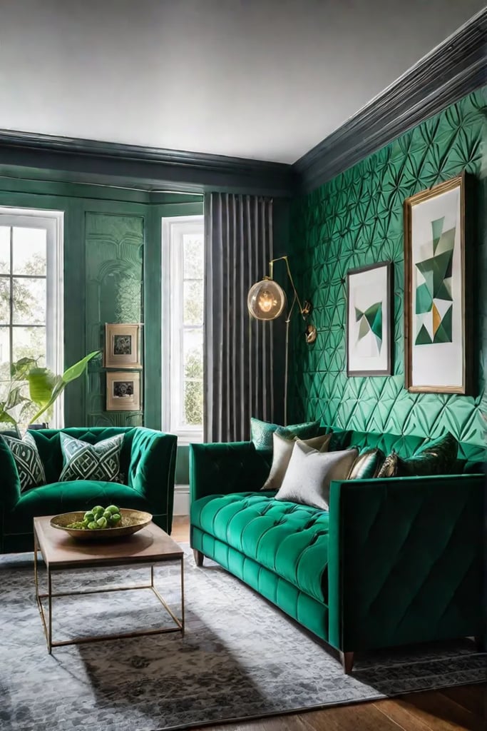 Living room with geometric wallpaper floral rug and velvet sofa