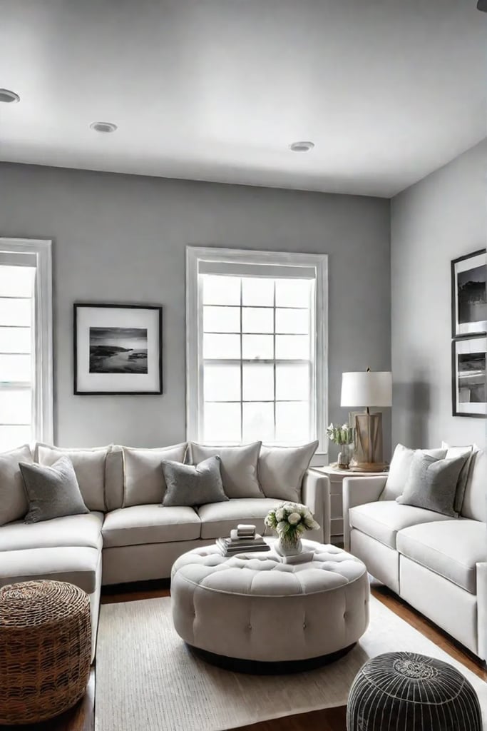 Living room with hidden storage ottomans and reflective surfaces enhancing space