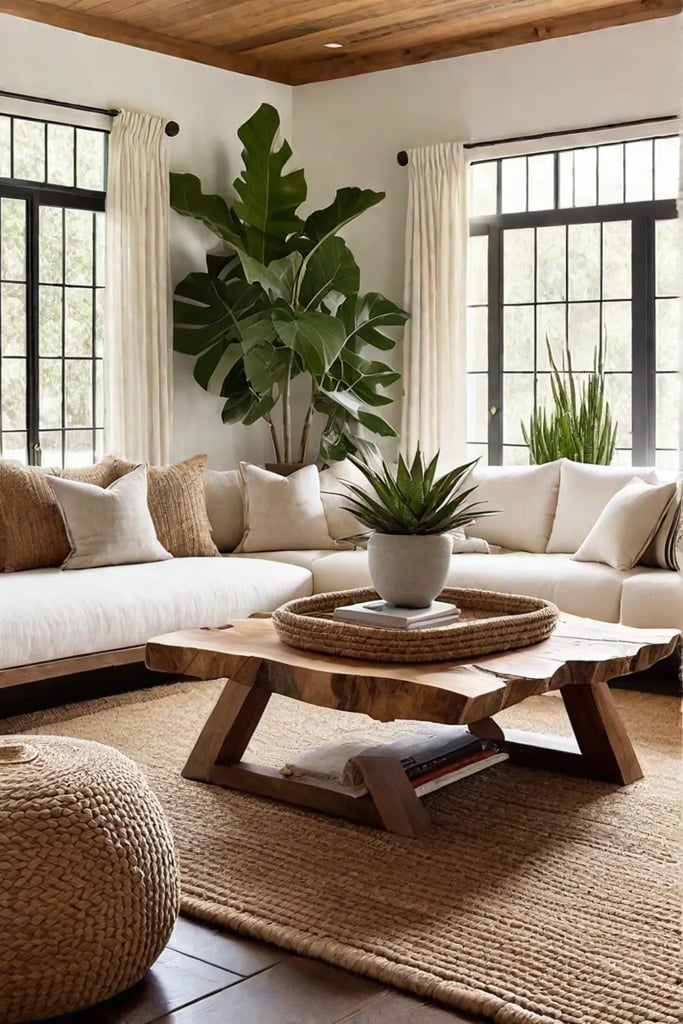 Living room with liveedge wood jute and organic cotton embracing natural elements
