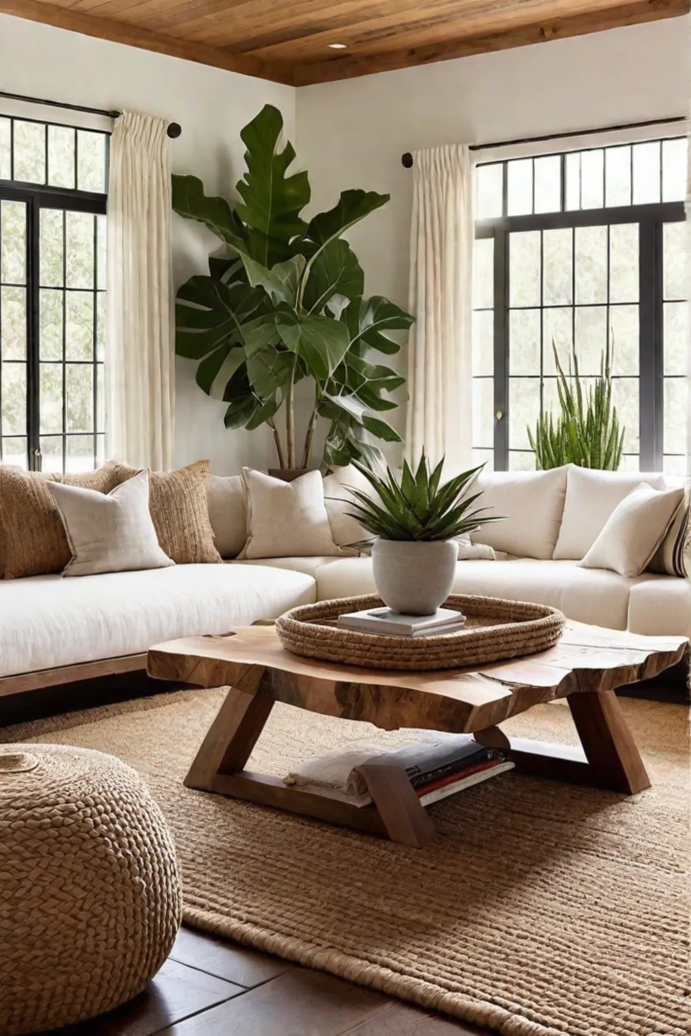 Living room with liveedge wood jute and organic cotton embracing natural elements