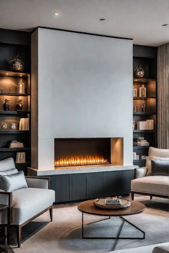 Living room with statement fireplace and builtin shelving