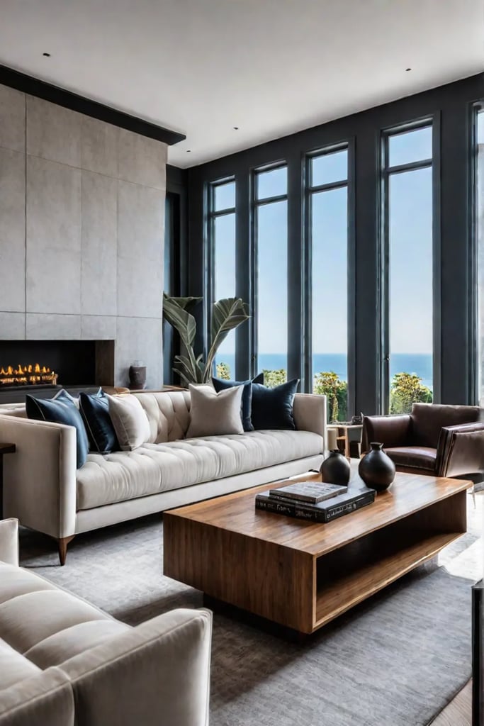 Living room with velvet sofa leather armchair and wooden coffee table