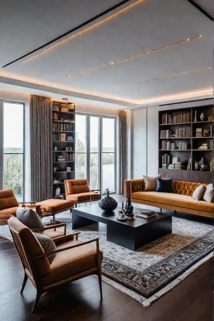 Living room with vertical bookcase and open shelving emphasizing height