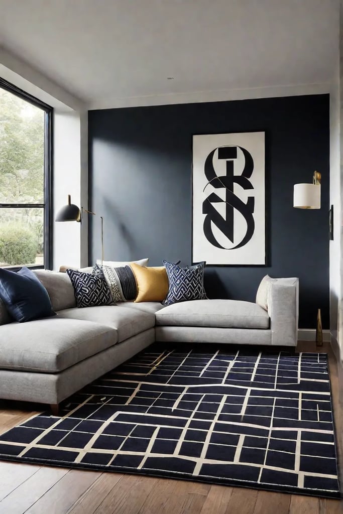 Living space with geometric rug throw pillows and artwork