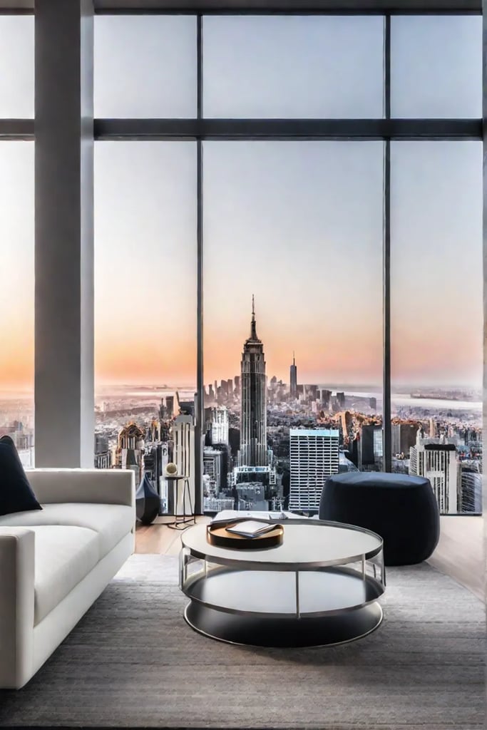 Living space with neutral colors floortoceiling windows and abstract art