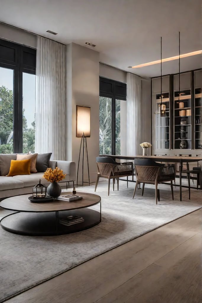 Living space with pendant lights floor lamps and recessed lighting