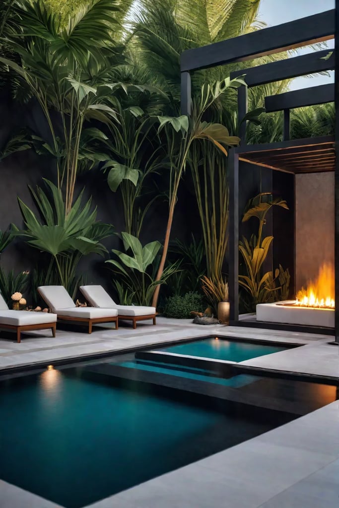 Luxurious outdoor living space with water feature