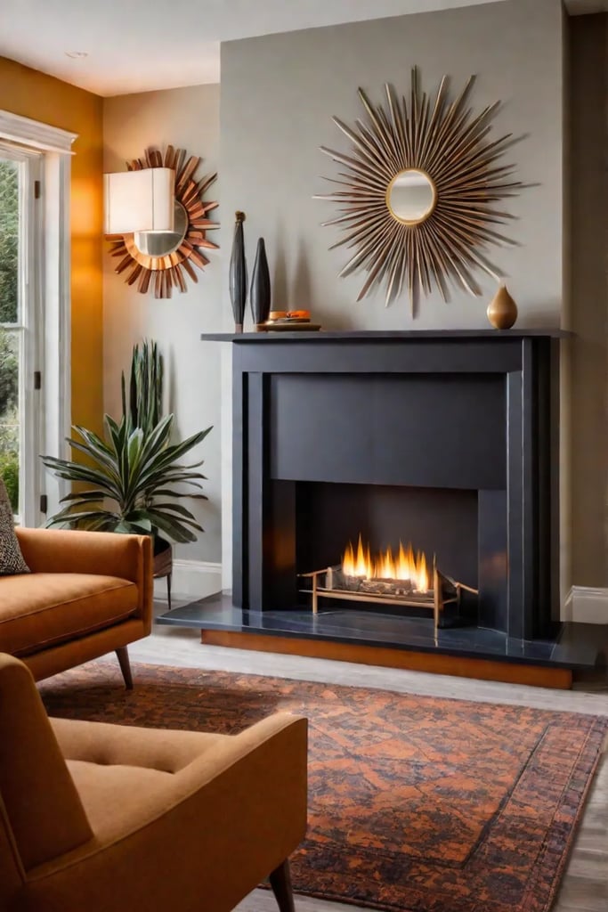 Midcentury modern living room with sunburst fireplace