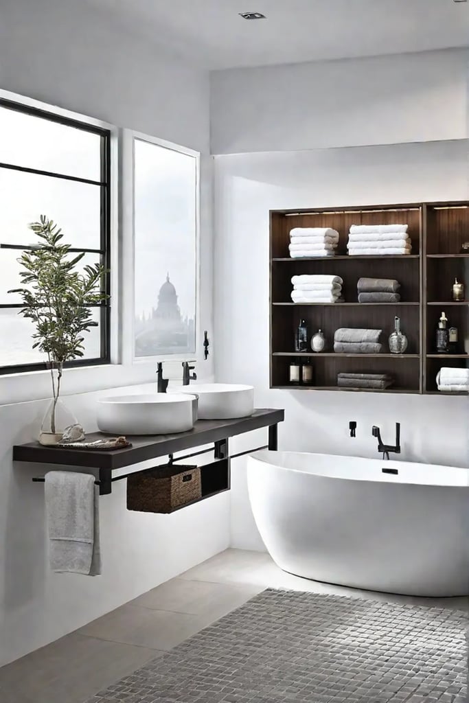 Minimalist bathroom with floating shelves