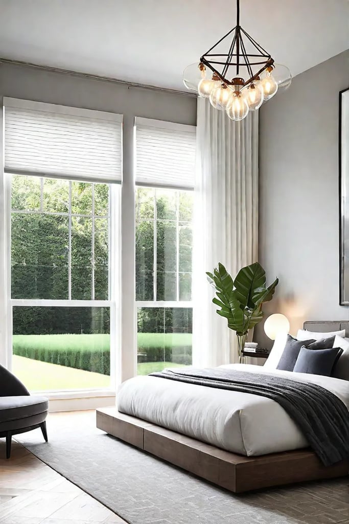 Minimalist bedroom with blinds and modern chandelier