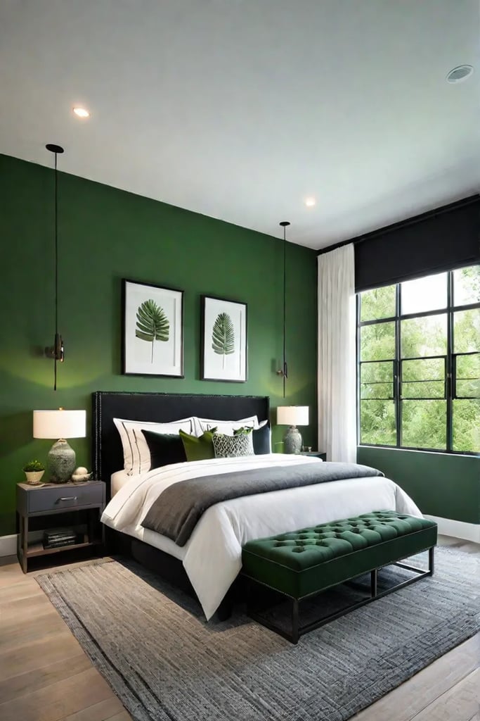 Minimalist bedroom with green accent wall