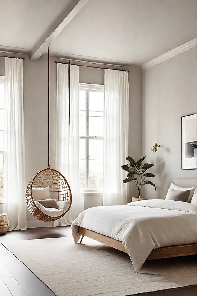 Minimalist bedroom with hanging chair and platform bed