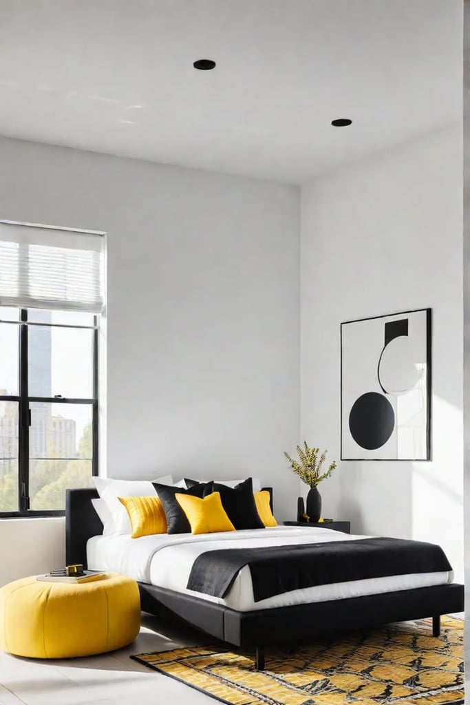 Minimalist bedroom with yellow accent chair