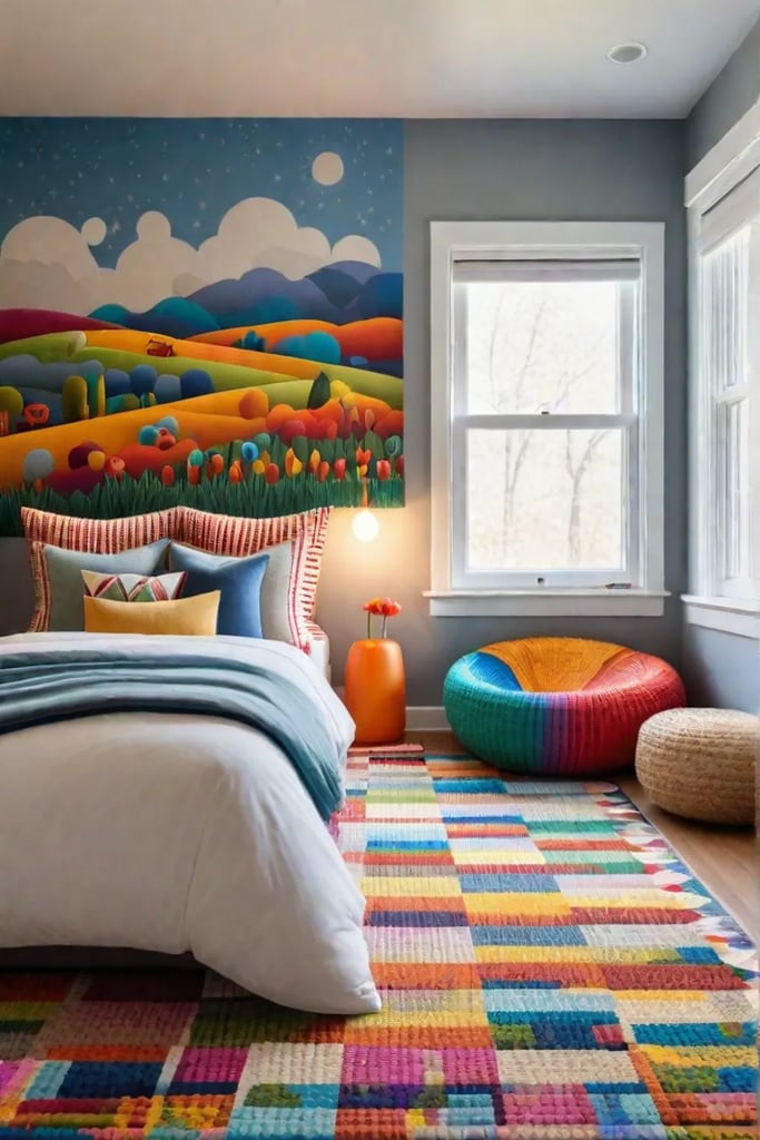 Minimalist childrens bedroom with playful elements and a focus on organization