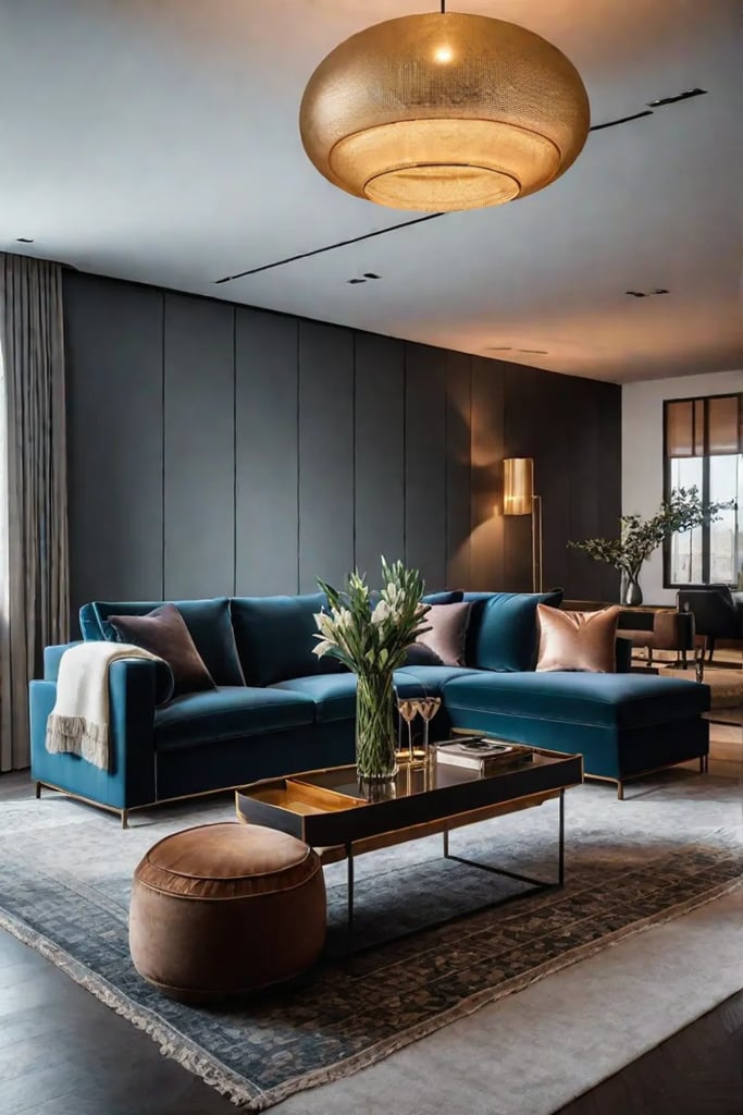 Minimalist living room with statement lighting and layered textures