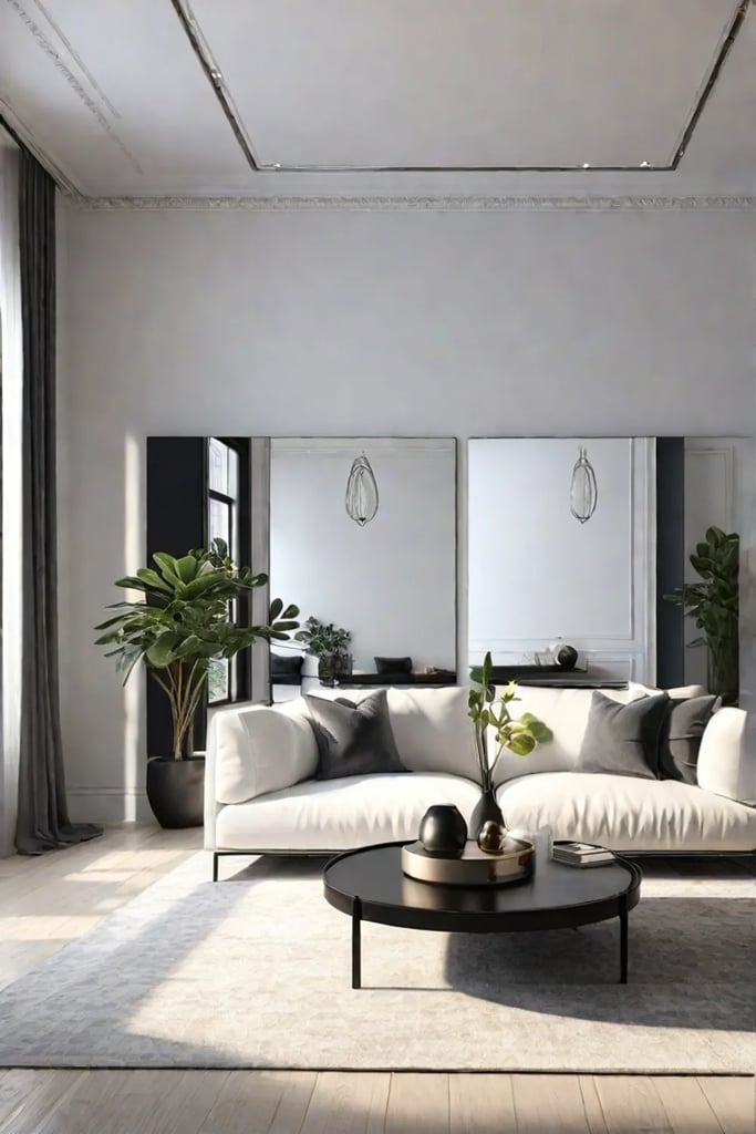 Mirror accent wall for a spacious and glamorous living room