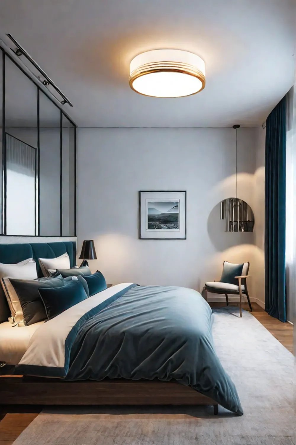 Mirror amplifies light and space in a stylish bedroom