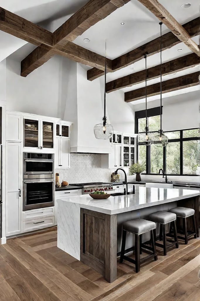 Modern farmhouse kitchen with a waterfall quartz countertop