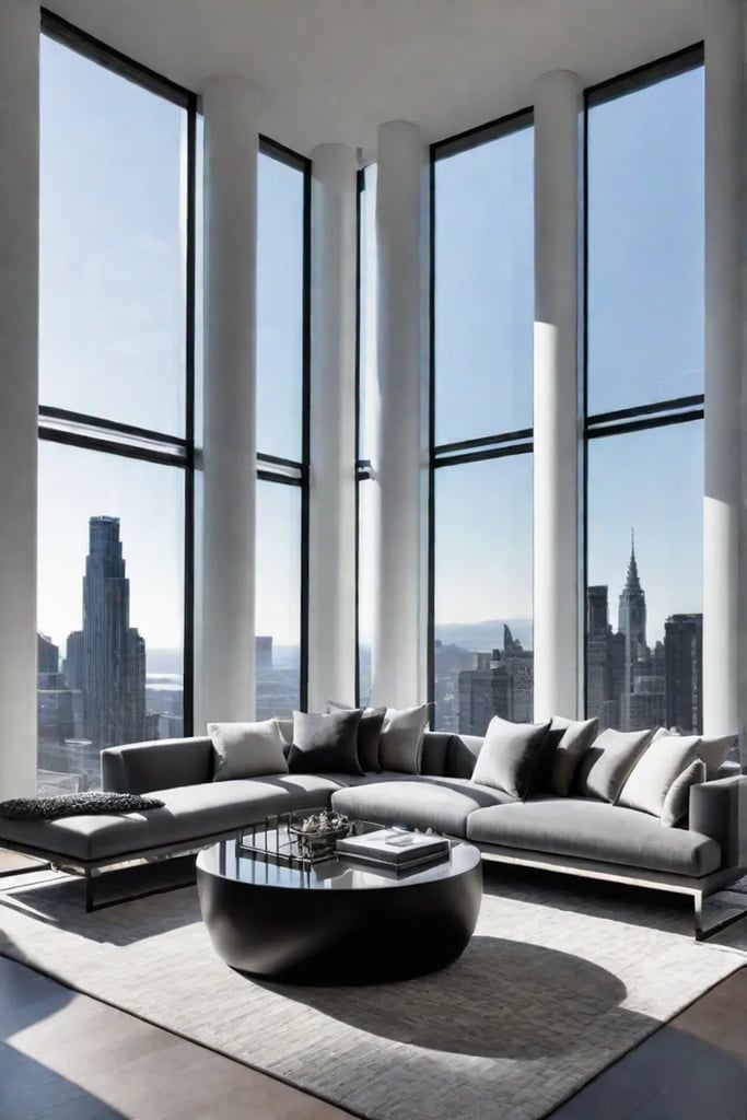 Modern living room with a monochromatic gray color palette