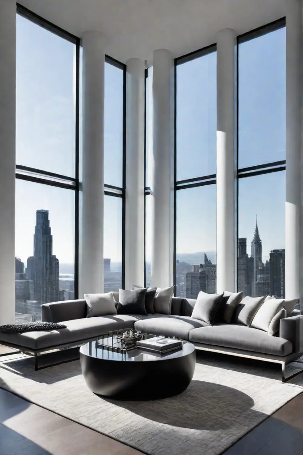 Modern living room with a monochromatic gray color palette