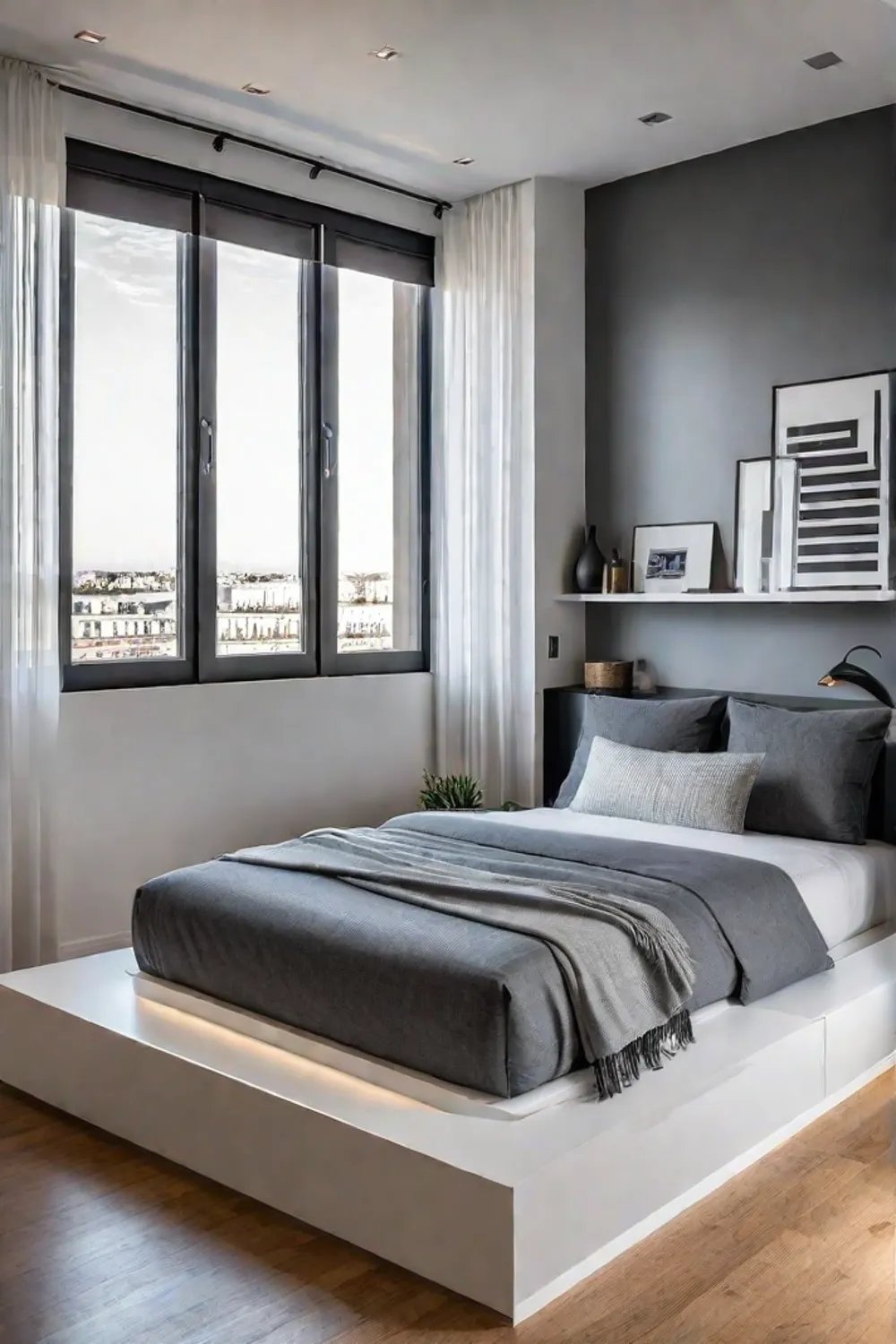 Modern small bedroom with platform storage bed and floortoceiling shelves