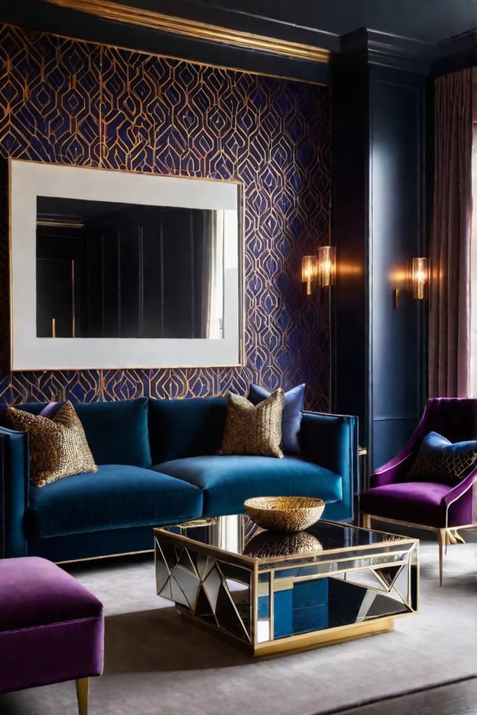 Modern small living room with bold wallpaper and a statement sofa