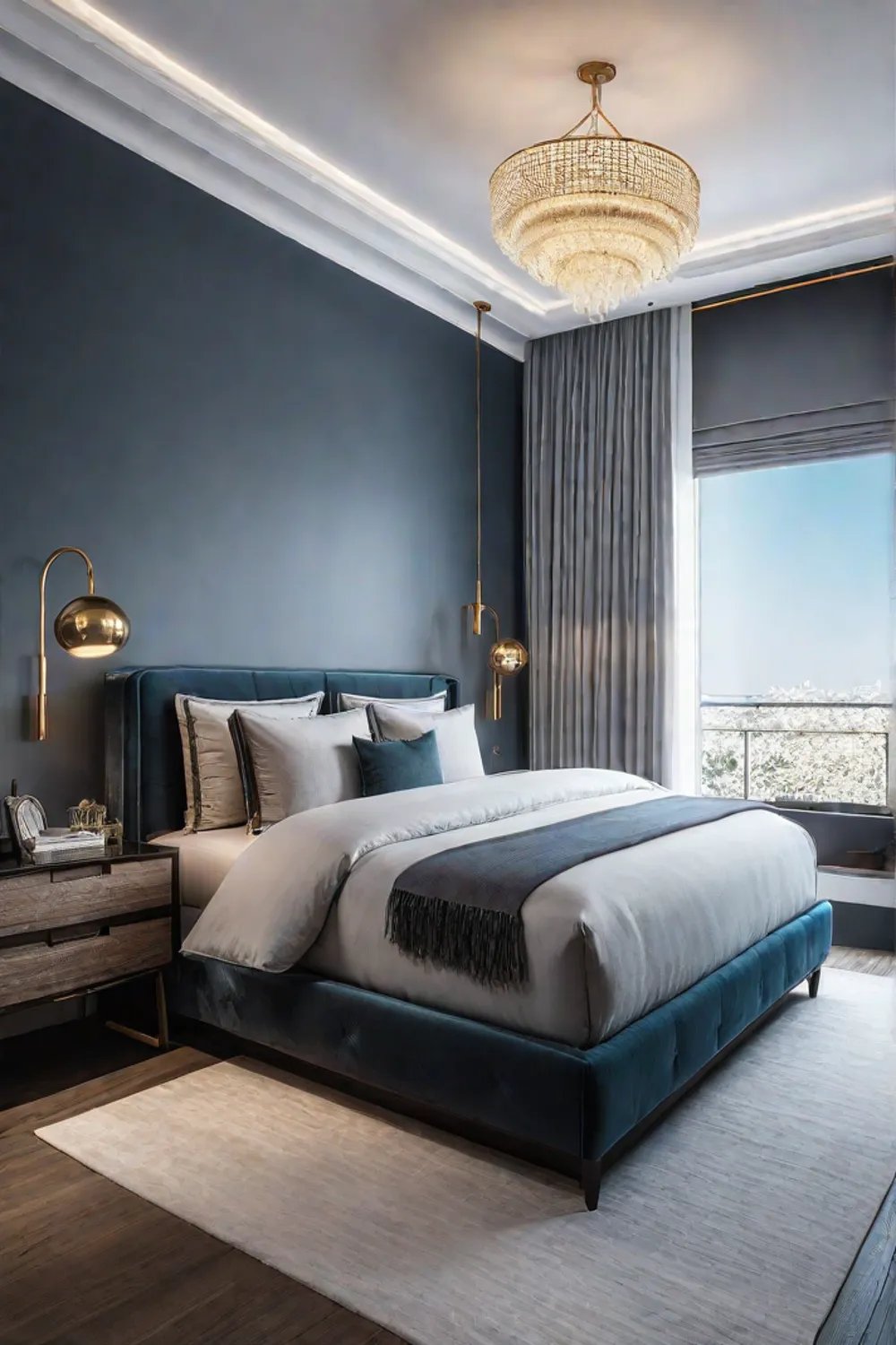 Natural and artificial light blend seamlessly in a small bedroom