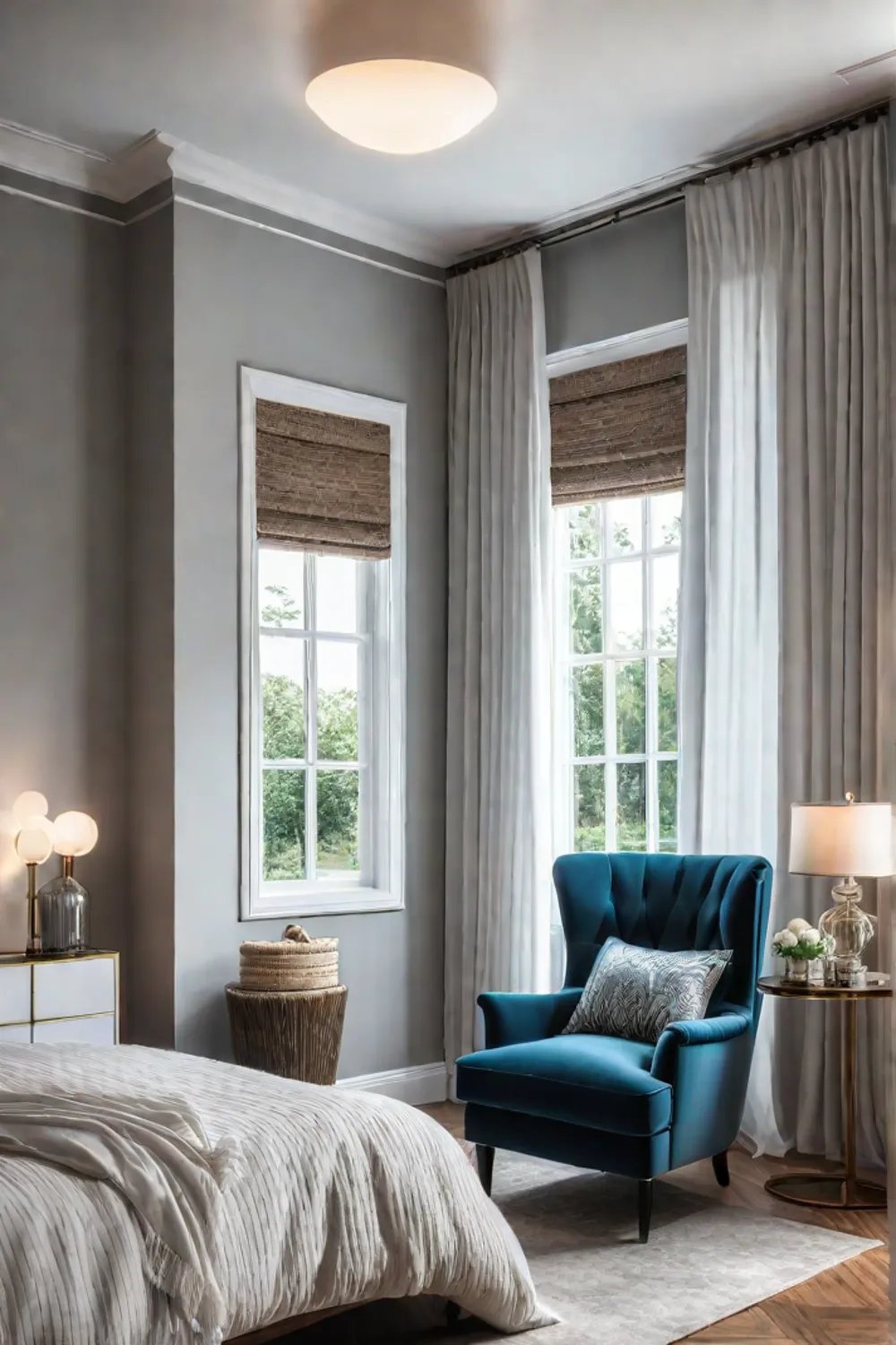 Natural light enhancing a cozy bedroom with a mirror