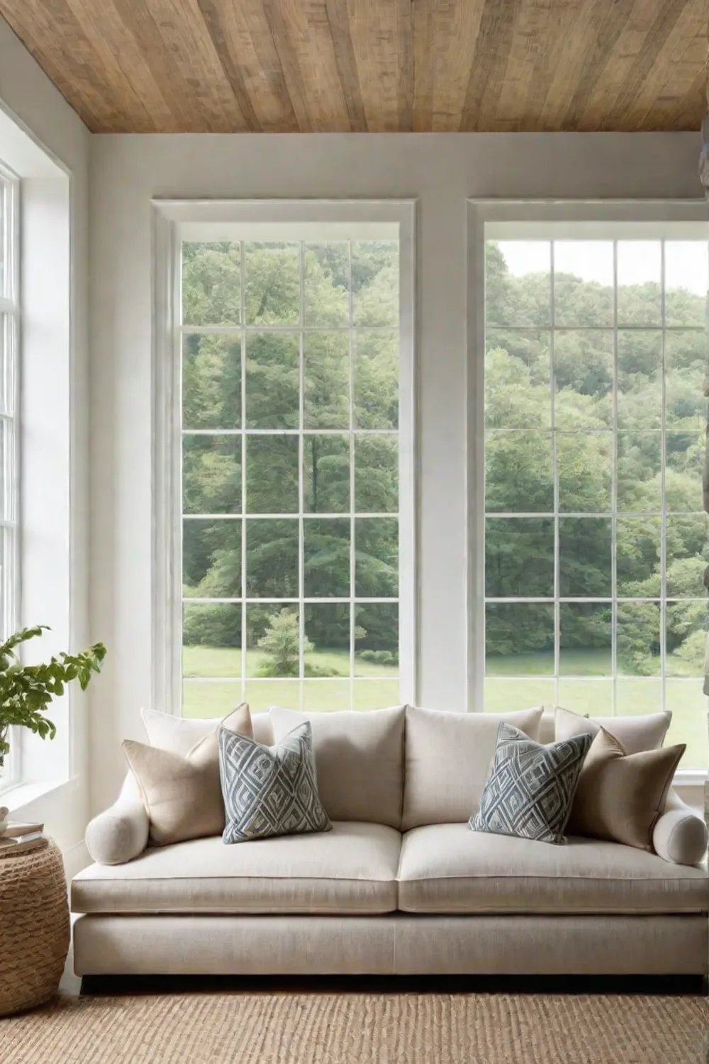 Natural light fills a living room with linen jute and stone textures