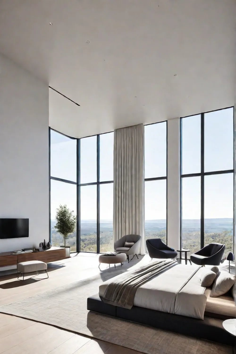 Open and airy bedroom design with minimalist furniture and high ceilings