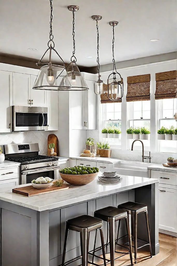 Open shelving with dishware in a modern farmhouse kitchen