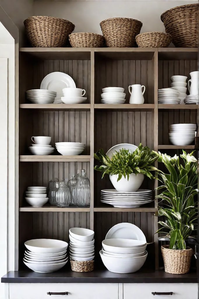 Open shelving with white dishes and vintage glassware