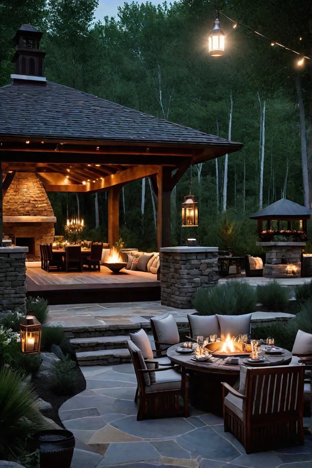 Outdoor entertaining space with native plants and lanterns